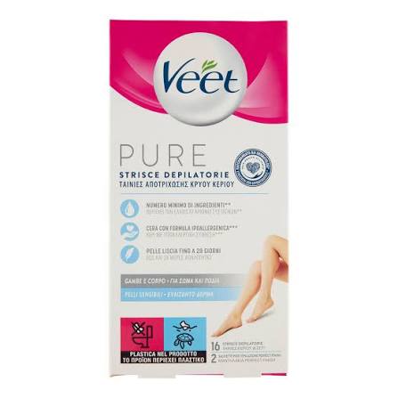 VEET PURE STRISCE DEPILATORIE GAMBE E CORPO PELLI SENSIBILI 16PZ